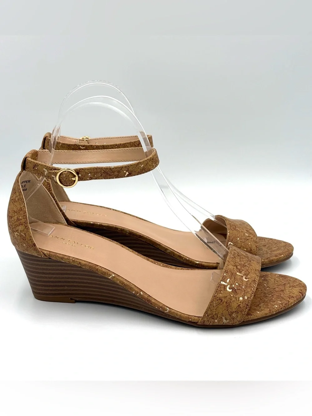 Ann Taylor Cork Gold Flecked Ankle Strap Warm Minimalist Wedge Sandals Size 7.5